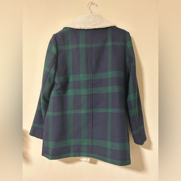 French Connection Navy and Green Plaid Pea Coat with Shearling Collar - Picture 5 of 5